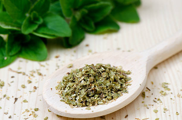 istock Dried oregano leaves on wooden spoon 177802838