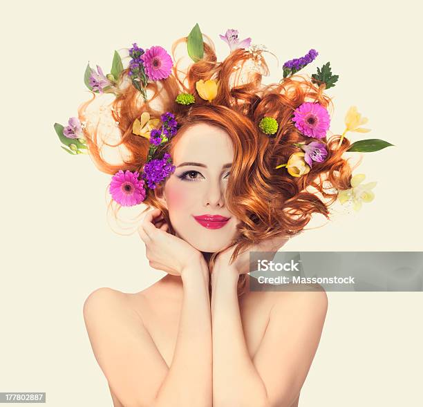 Beautiful Redhead Girl With Flowers Isolated Stock Photo - Download Image Now - Flower, Women, Human Hair