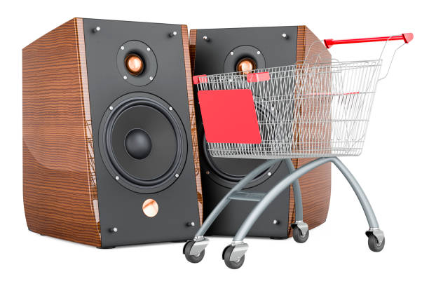 Musical Speakers with shopping cart. 3D rendering isolated on white background