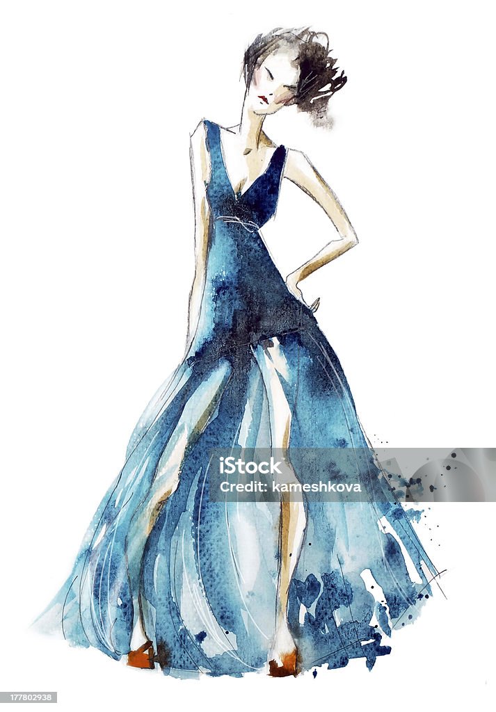 Blue dress fashion illustration, watercolor painting Blue dress fashion illustration, watercolor painting, hand painted Beautiful Woman stock illustration