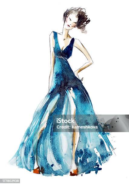 Blue Dress Fashion Illustration Watercolor Painting Stock Illustration - Download Image Now