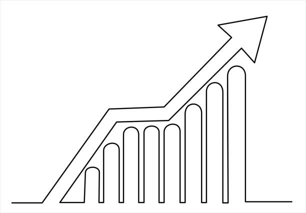 einzelne einzeilige zeichnung des balkendiagramms mit zunehmenden pfeilen nach oben. business financial sales marktwachstum performance minimales konzept. moderne kontinuierliche linienzeichnung design grafische vektorillustration - graph arrow sign chart single line stock-grafiken, -clipart, -cartoons und -symbole