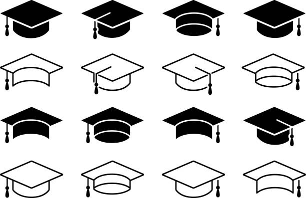stockillustraties, clipart, cartoons en iconen met vector monochrome icon set of graduation caps - universitair docent