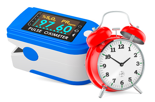 Portable Pulse Oximetry, pulse oximeter fingertip with alarm clock, 3D rendering isolated on white background