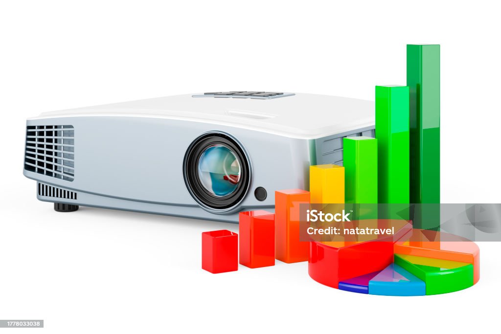 View Graph Projector Projector With Growth Bar Graph And Pie Chart 3d Rendering Stock Photo ...