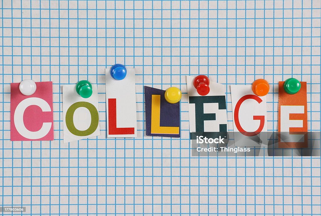 College The word College in cut out magazine letters pinned to a sheet of blue lined graph paper as a background Concepts Stock Photo