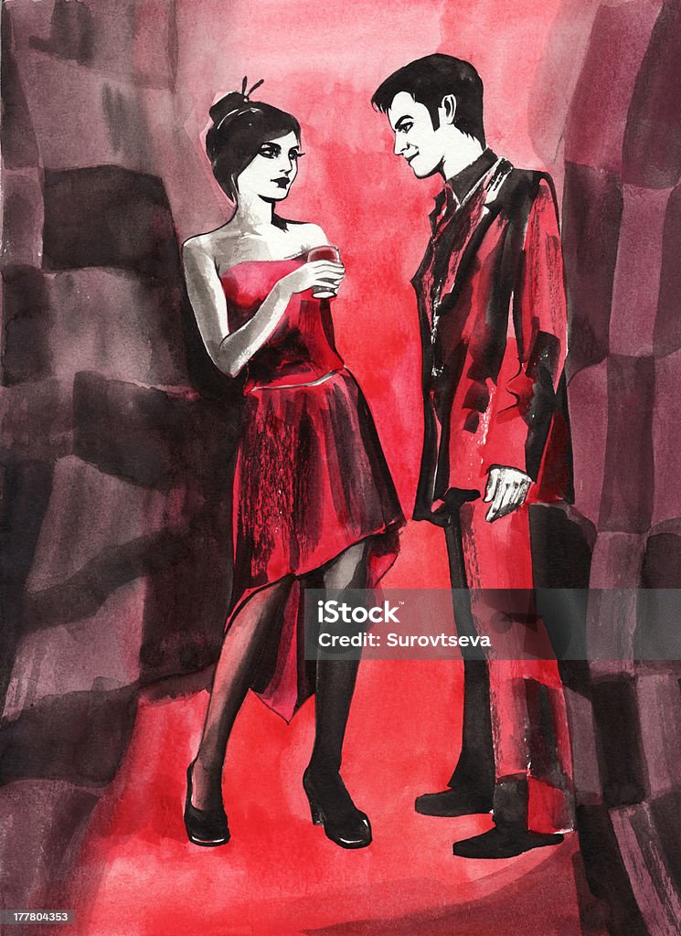 Red couple Young beautiful couple against abstract red background. Original watercolor painting. The characters portrayed in this illustration are fictitious. Any similarity to persons, living or dead, is coincidental and not intended by the author. Abstract stock illustration