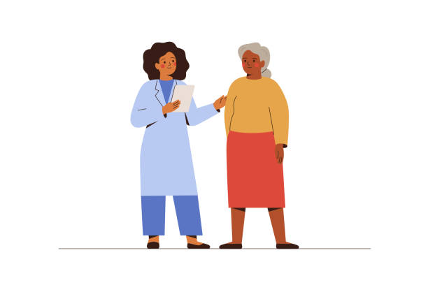 ilustrações de stock, clip art, desenhos animados e ícones de doctor consultation or check ups senior woman. medical exam of elderly female patient in hospital. physical and mental health support and care mature people. vector illustration - paciente