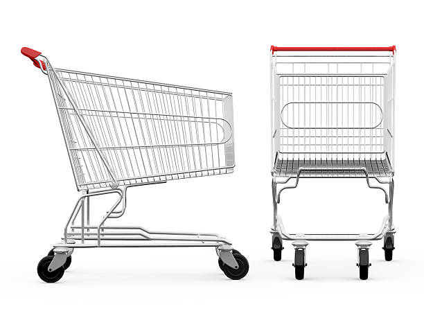 Shopping cart from side and front view Empty shopping carts, side view and front view, isolated on white background. trolley stock pictures, royalty-free photos & images