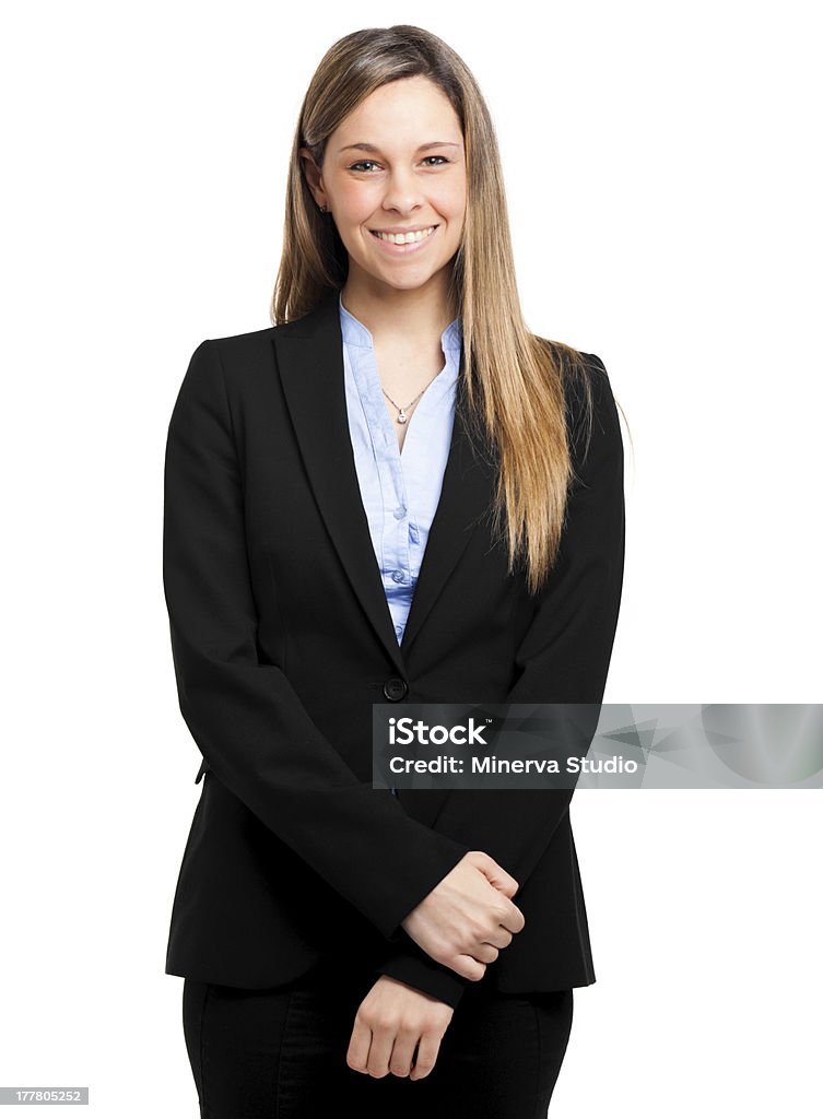 Cute young businesswoman smiling Portrait of a cute young businesswoman smiling, isolated on white Adult Stock Photo