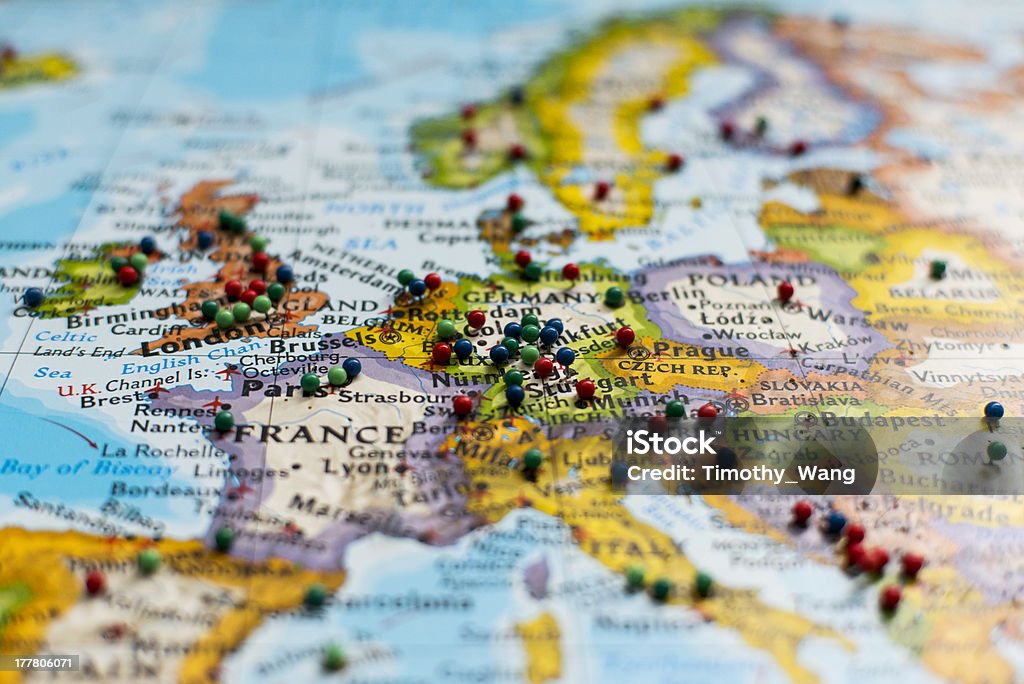 Some thumbtack on the map Many of colorful thumbtack on the map. Focus on the center of map. Thumbtack Stock Photo