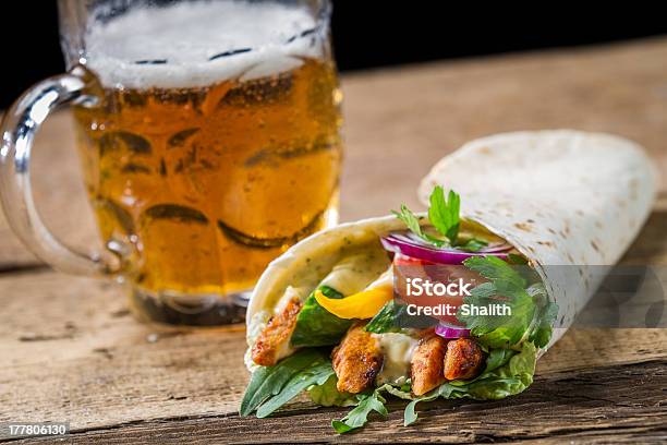 Kebab Served With Cold Beer On Old Wooden Table Stock Photo - Download Image Now - Alcohol - Drink, Appetizer, Arugula