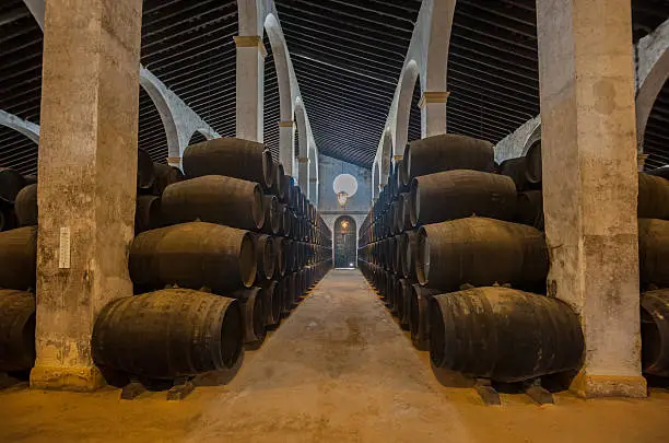 Photo of Sherry barrels line a walkway in a bodega in Jerez, Spain 