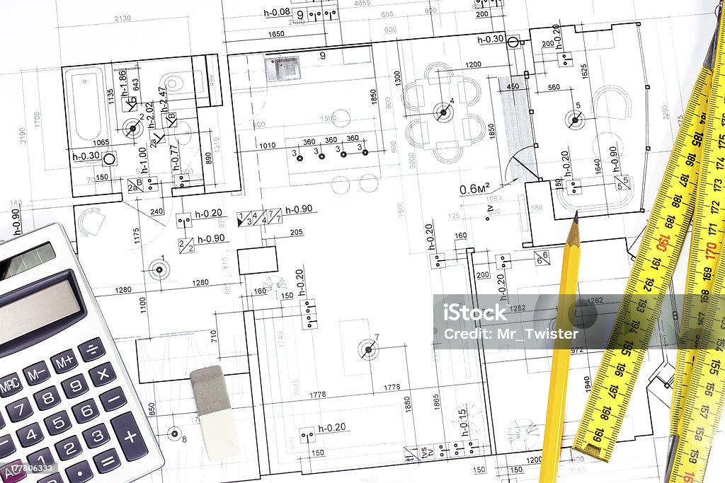 Architectural plan Architectural blueprints, pencil, ruler and calculator Blueprint Stock Photo