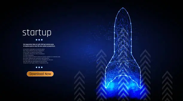 Vector illustration of rocket made up of blue wireframe lines and polygons.The rocket is launching from a dark blue and black background with a neon glow and geometric patterns