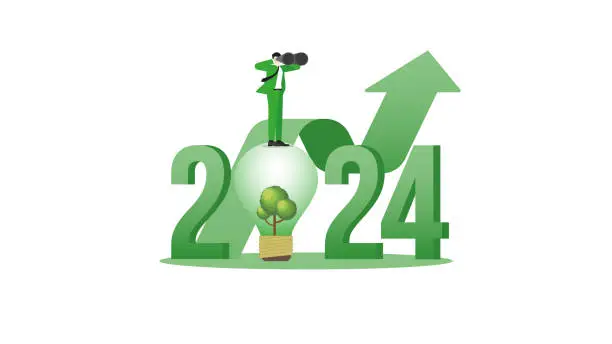 Vector illustration of Vision businessman on the year 2024 and tree light bulb