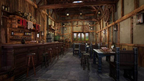 istock Medieval tavern bar with food and drink on tables and daylight through a window. 3D illustration. 1778094068