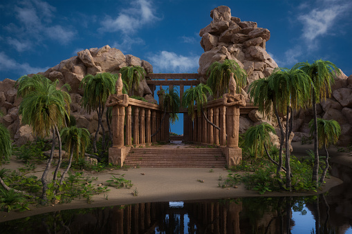 Ancient Egyptian temple with stone columns and statues surrounded by rocks and palm trees next to a lake. 3D illustration.
