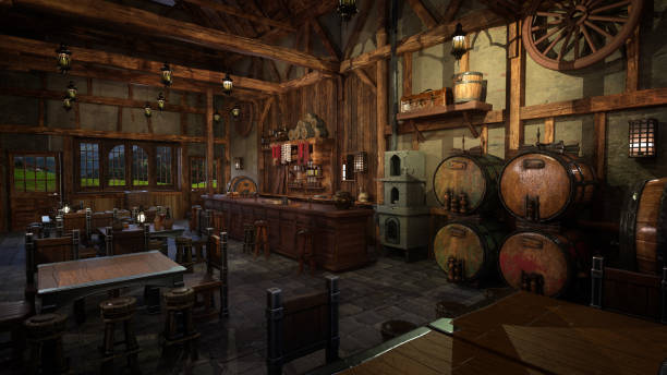 istock Medieval inn bar with food and drink on tables and daylight through a window. 3D rendering. 1778094081