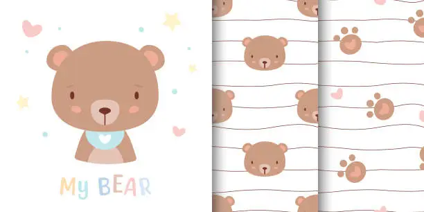 Vector illustration of Greeting card with cute bear and children's pattern companion. Seamless pattern included in swatch panel.