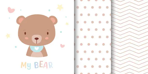Vector illustration of Greeting card with cute bear and children's pattern companion. Seamless pattern included in swatch panel.
