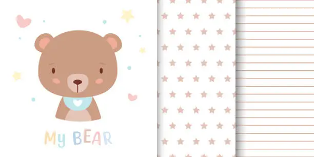 Vector illustration of Greeting card with cute bear and children's pattern companion. Seamless pattern included in swatch panel.