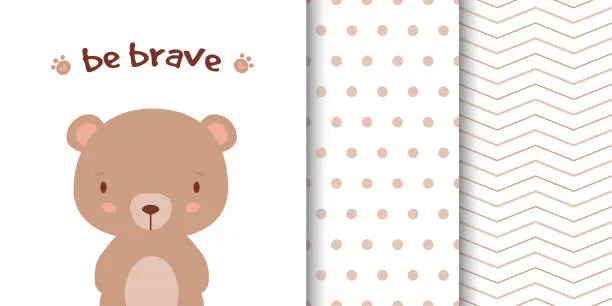 Vector illustration of Greeting card with cute bear and children's pattern companion. Seamless pattern included in swatch panel.