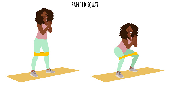 Young woman doing banded squat exercise. Feminism, self acceptance and liberty. Active lifestyle. Sport, wellness, workout, fitness. Flat vector illustration