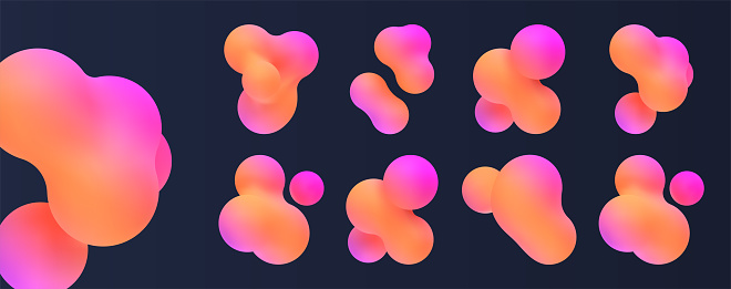3d liquid blobs set. Abstract colored spheres in flight. Vector realistic render of bubbles on an isolated white background. Illustration of lava lamp elements in y2k style.