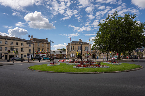 Street view of the Town Hall and buildings in the town of Melksham, Wiltshire, UK