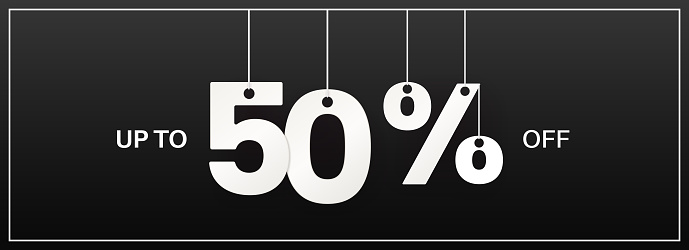 50 percent off banner. Hanging big numbers. Discount offer. Black friday banner. Vector illustration.