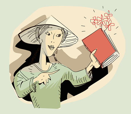 Vector A Chinese Woman has a Book with Flowers coming out of it in her hand