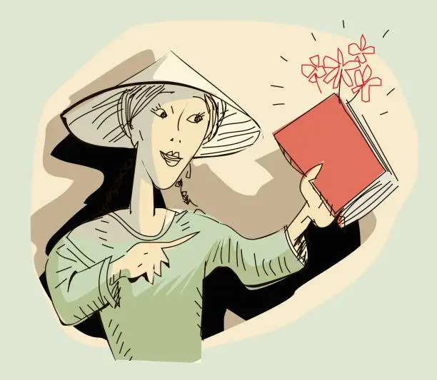 Vector illustration of A Chinese woman has a book with flowers coming out of it in her hand