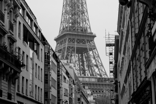 Paris street scene with Eiffel Tower in the background