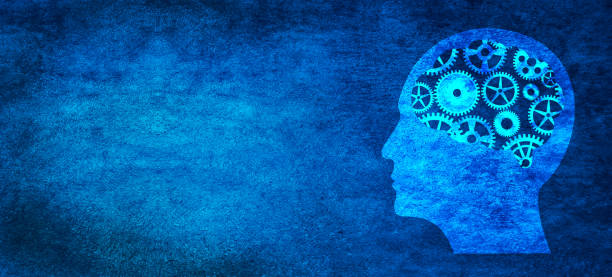 istock Human brain with machine gears shapes on abstract blue wall background 1778144377