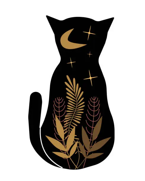 Vector illustration of Modern vector illustration. Silhouette of a cat with plants, moon and stars isolated on white background