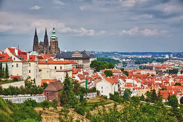 beautiful Prague with its St.Vitus Cathedral, view from Petrin Hill