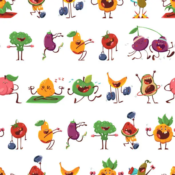Vector illustration of Fruits and vegetables doing fitness exercises vector cartoon seamless pattern background for wallpaper, wrapping, packing, and backdrop.