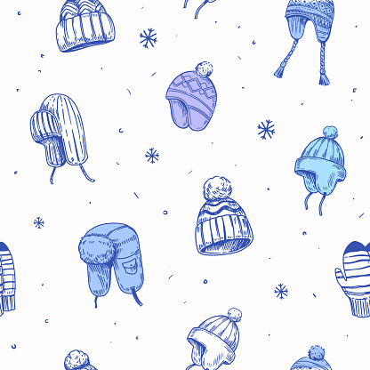 istock Seamless pattern design. Set of winter hats, mittens, warm clothes. Hand drawn vector sketch illustrations 1778157060