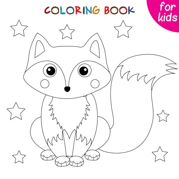 Vector illustration of Cute animals. Little fox and stars. Coloring book template for children. Editable vector