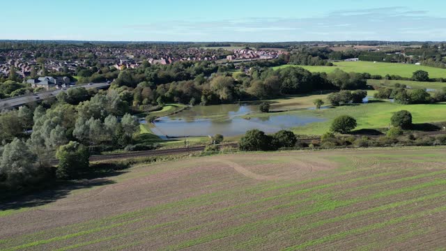 4k aerial footage of a flooding field near Stowmarket, Suffolk, UK