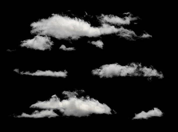 White puffy clouds in a black background White isolated clouds. Cutout extracted clouds clouds stock pictures, royalty-free photos & images