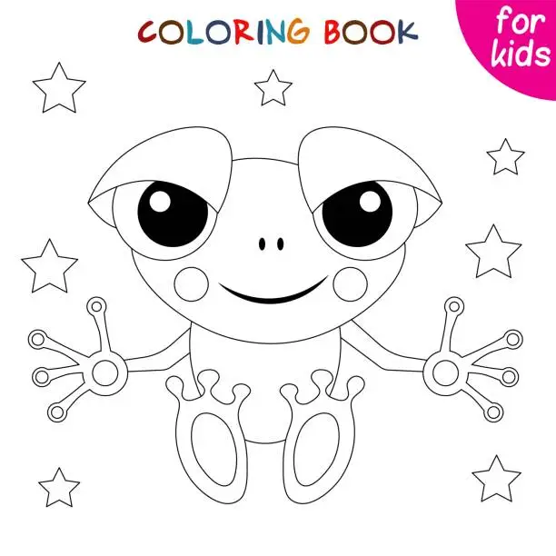 Vector illustration of Cute animals. Little frog and stars. Coloring book template for children. Editable vector