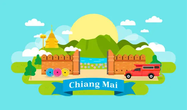 Vector illustration of Chiang Mai city attractions vector illustration. Chiang mai tourism