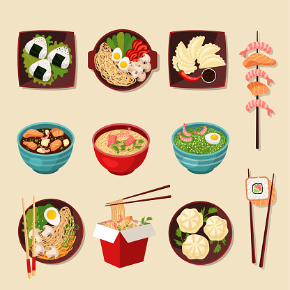 istock Asian food. Authentic chinese or asian cousine products wok noodles fish recent vector cartoon illustrations set 1778175700