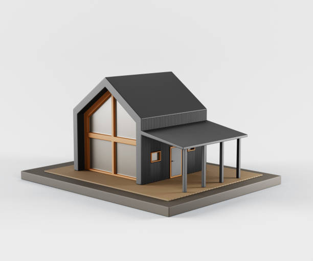 istock Frame house isometric 3d render icon. Building exterior with panoramic windows, entrance door and wooden terrace, modern architecture design. Residential cottage, family home or villa 1778177543