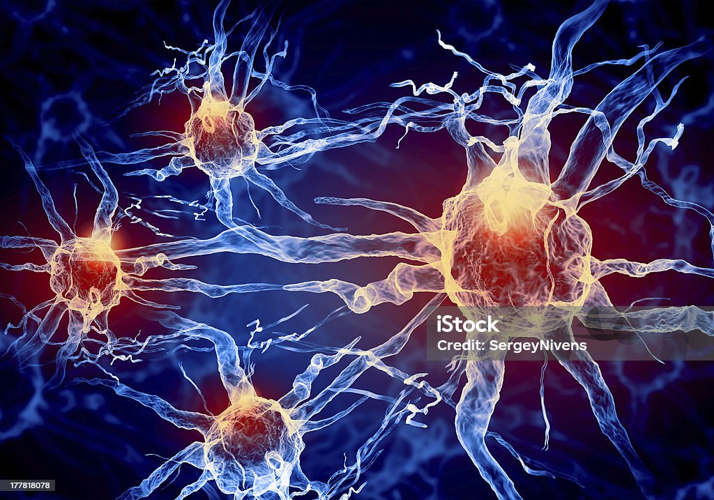 Illustration of a nerve cell Illustration of a nerve cell on a colored background with light effects Nerve Cell Stock Photo