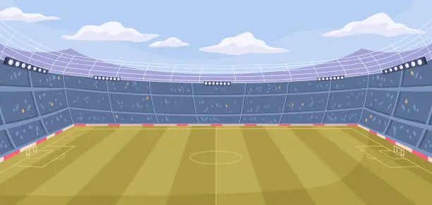 Vector illustration of Big football or soccer stadium with big green field, vector illustration of empty sport tribunes with lights in flat cartoon style. Stadium for tournaments or championships, empty arena