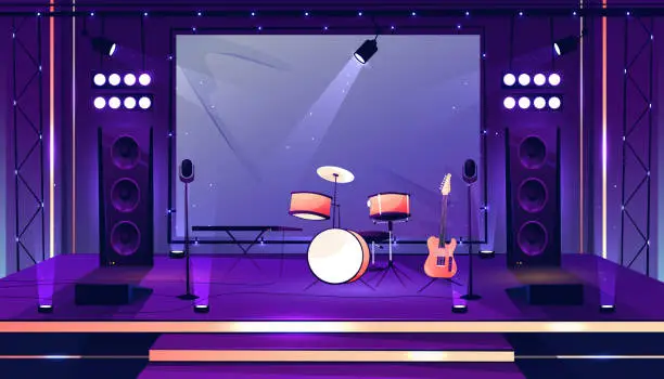 Vector illustration of Music concert scene for performers and musicians. Vector stage with drums kit and microphones, loudspeakers and lights, acoustic guitar. Festival or live show location with instruments