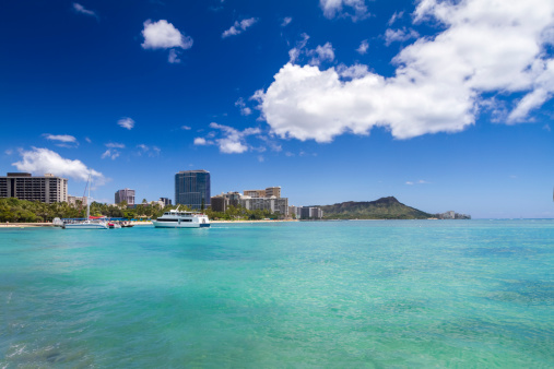 View of Waikiki Beach and sea with Diamond Head in the background.